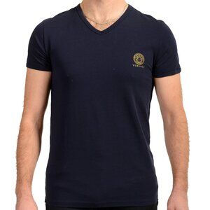 Versace Men's Blue Gold Medusa Print V-Neck T-Shirt Versace sz 5 US M IT 50